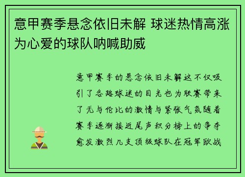 意甲赛季悬念依旧未解 球迷热情高涨为心爱的球队呐喊助威