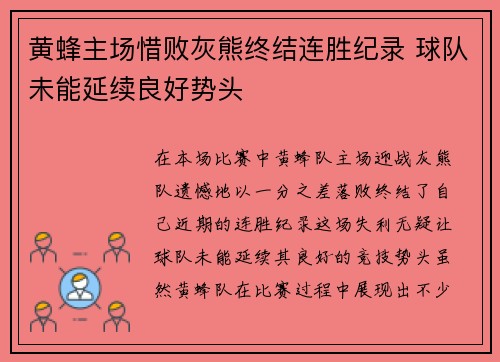 黄蜂主场惜败灰熊终结连胜纪录 球队未能延续良好势头