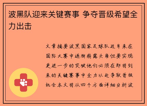 波黑队迎来关键赛事 争夺晋级希望全力出击