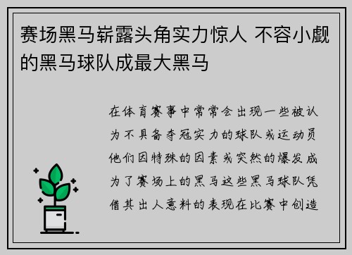 赛场黑马崭露头角实力惊人 不容小觑的黑马球队成最大黑马