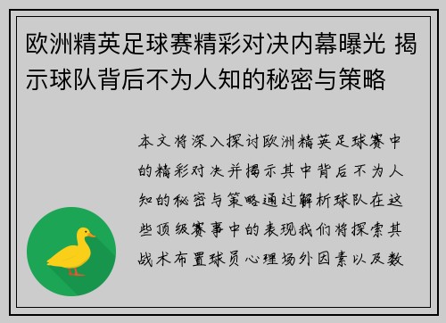 欧洲精英足球赛精彩对决内幕曝光 揭示球队背后不为人知的秘密与策略