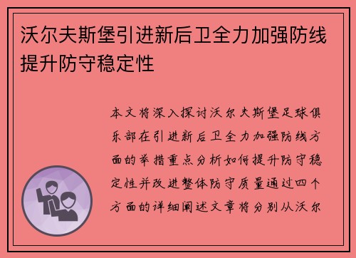 沃尔夫斯堡引进新后卫全力加强防线提升防守稳定性