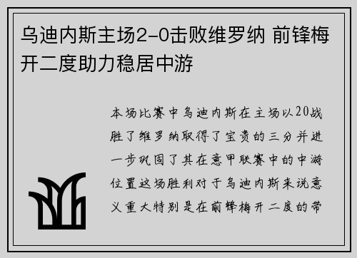 乌迪内斯主场2-0击败维罗纳 前锋梅开二度助力稳居中游