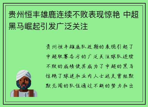 贵州恒丰雄鹿连续不败表现惊艳 中超黑马崛起引发广泛关注