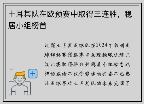 土耳其队在欧预赛中取得三连胜，稳居小组榜首