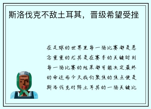 斯洛伐克不敌土耳其，晋级希望受挫